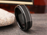 The Eris | Black Tungsten Wedding Band with Two Silver Color Stripes
